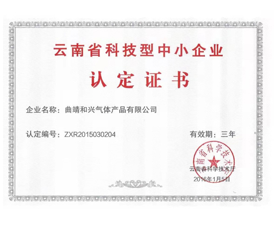 云南省科技型中小企业认定证书